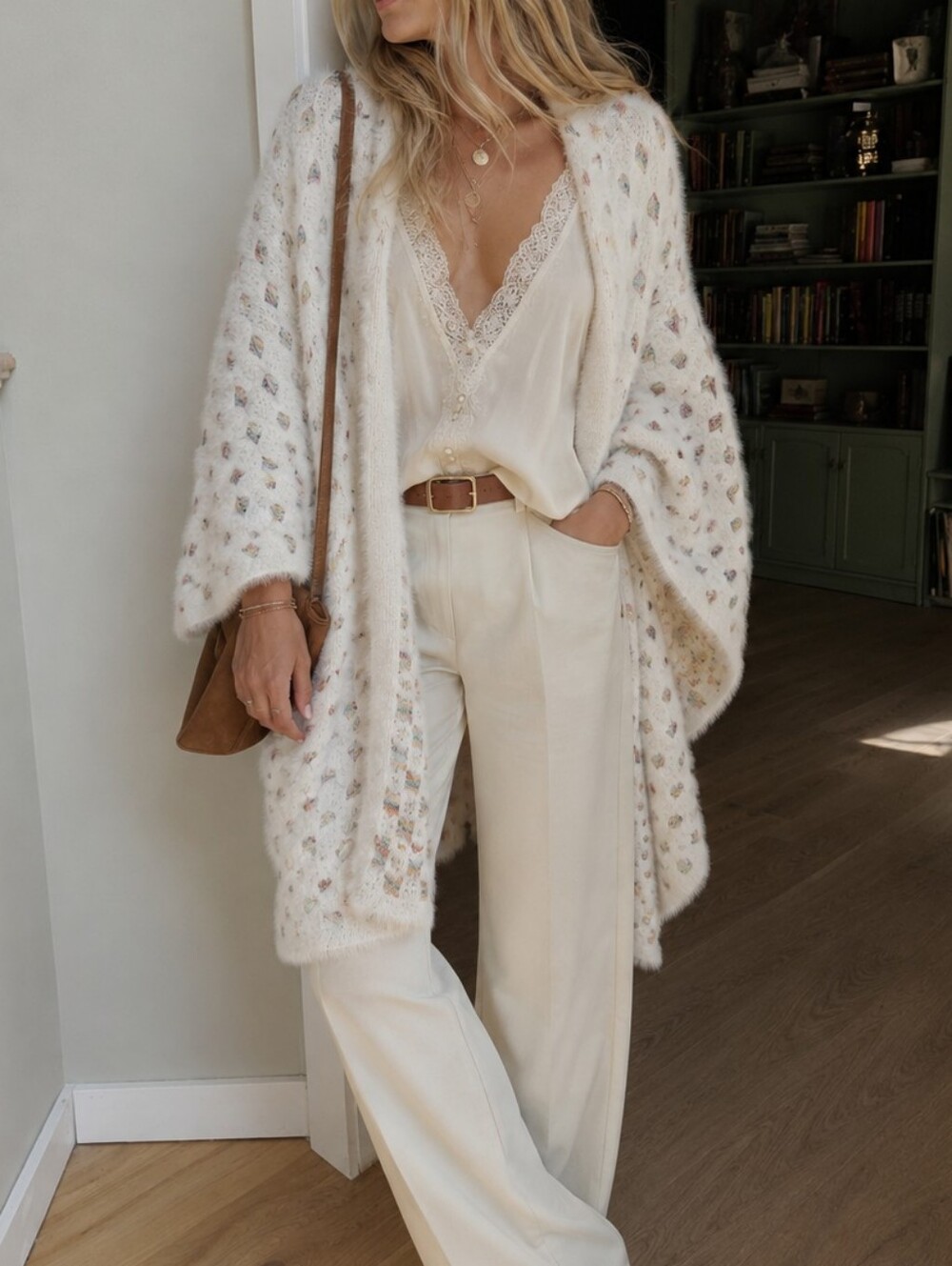 Anthropologie Akemi + Kin White Aurora Eyelash Wrap Kimono Open Cardigan O/S